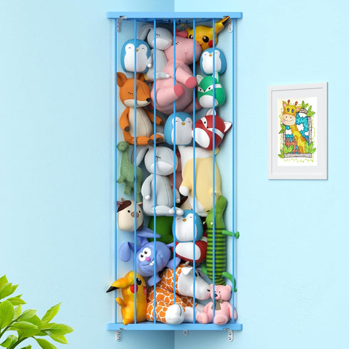 Corner Stuffed Animal Storage, Plush Toy Organizer with Adjustable Length, Wall Hanging Shelf for Kids Room (Blue)