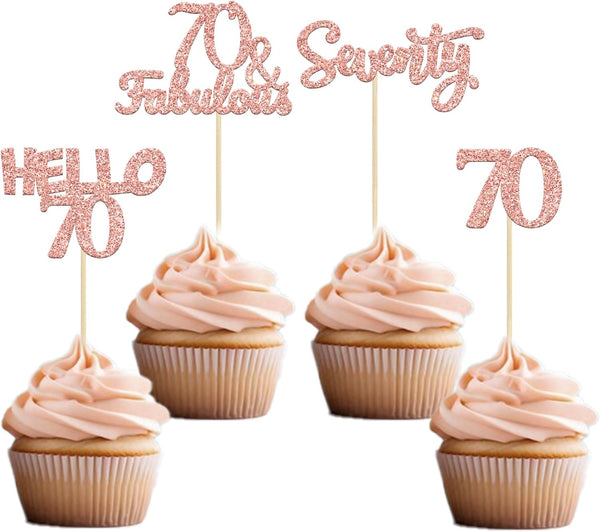 Gyufise 24Pcs Rose Gold Glitter 70th Birthday Cupcake Toppers, Hello 70 Seventy Cake Picks for Birthday Decorations