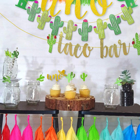 2 Set Fiesta Taco Bar Cactus Banner Garland, Gold Green Glittery Banner for Mexican Fiesta Party