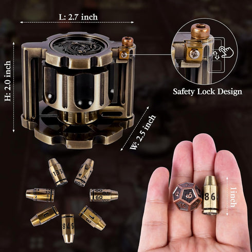 Metal Polyhedral Bullet Dice Set of 7 with Spinning Revolver Cylinder Container - DND Steampunk Style Dice