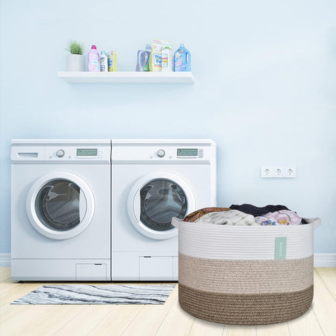Extra Large Blanket Basket 87L - Cotton Rope Laundry Basket for Baby Nursery, Large Clothes Basket, White & Brown