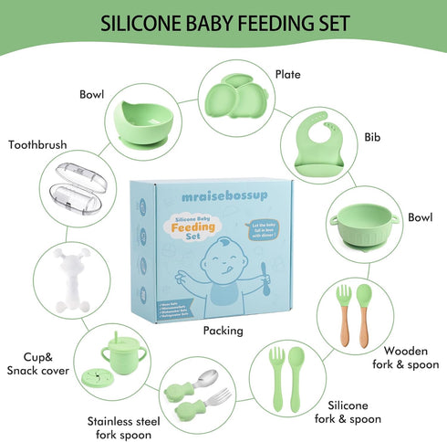 mraisebossup Set 15 Silicone Baby Feeding PcsBaby Spoons Suction Bowl Divided Plate Bib Cup Finger Brush Training