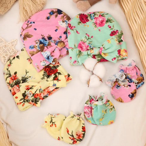 Set DRESHOW BQUBO Floral Swaddles for Baby Girl Newborn Receiving Blanket with Bow Hat Mittens Wooden Birth