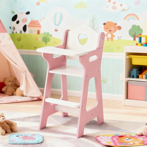 PHOKID 18" Doll High Chair for Pretend Play - Wooden Doll Furniture with Safety Belt, Footrest & Flower Backrest