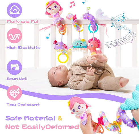 0-6 Koty Carseat Toys Hanging, Pink Mermaid Stroller Toys for Babies Months, Baby Car Seat Toy with Crinkle, Teether