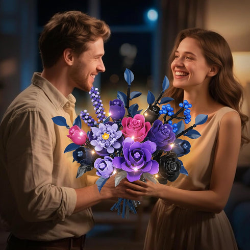 Set 17 887PCS HiWEEGO Flowers Bouquet Building with LED Light - Artificial Flowers Toy, Purple Roses Botanical