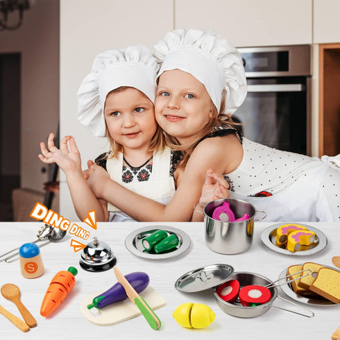 Set Juboury Pretend Play Kitchen - Toy Kitchen Accessories with Stainless Steel Cookware Pots and Pans, Plates, Cooking