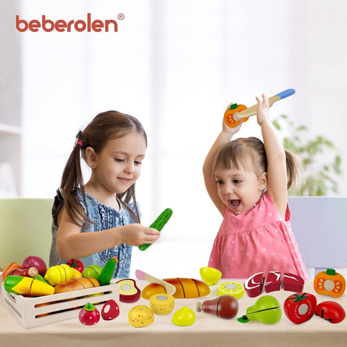 Sets Set Beberolen Wooden Play Food for Kids Kitchen Toddlers Wood Toys Cutting Fruit Pretend Food Play Kitchen