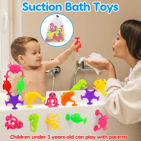 Toddler Suction Bath Toys: 18PCS Ocean Silicone Suction Cup Toys, Mold Free Bathtub Shower Toys for Ages 1-3
