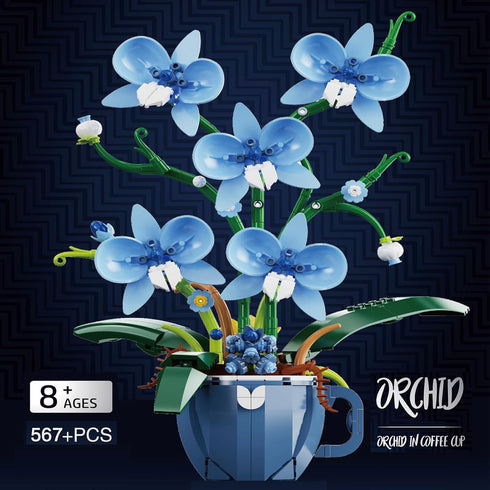iixeal Set 567pcs Blue Orchid Flower Building for Adults, Coffee Cup Orchid Botanical Collection Plant Building Kit