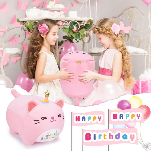 16'' Pink Birthday Cat Plush Stuffed Animal, Kawaii Plushies Cat Body Pillow, Gifts for Kids and Girlfriend