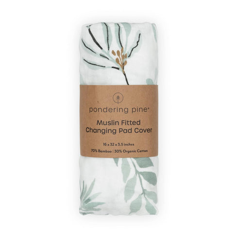 Organic Muslin Changing Pad Cover, Fitted Baby Changing Mat, Soft and Breathable, Eucalyptus Leaves, 16”x32”