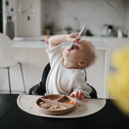 mushie Silicone Baby Feeding Spoons, 2 Pack (Stone/Cloudy Mauve)