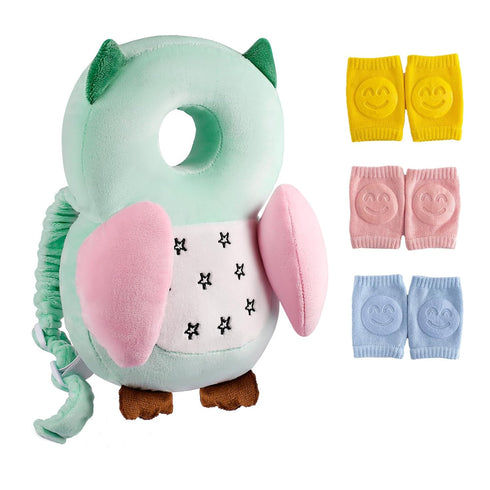Baby Toddler Walker Head Protector Backpack Adjustable Wear Head Protection Safety Pad Backpack with 3 Pairs Knee Pads for Baby Toddler & Walker Walking & Crawling Cute Owl MTY HX S4