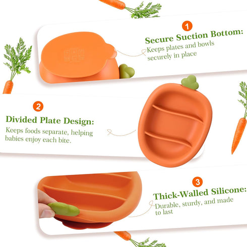 Cozy Rock Set, Set 2-in-1 Silicone Baby Feeding Carrot Design BLW Toddler Feeding with Suction Plate & Bowl, Bib, Fork