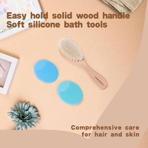 Set,3 in1 Kit,1 Pack 2 SAMEBUTECO Baby Hair Brush Goat Hair Bristles Brush Pieces Silicone Cradle Cap Brushes Wood