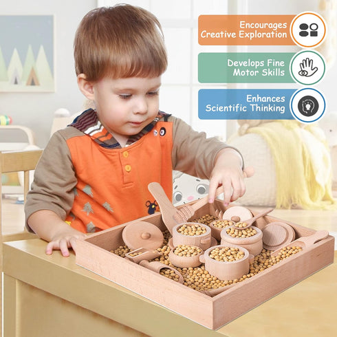 Montessori Sensory Bin Tools Toy with Wooden Box for Toddlers, Pretend Play Dish Toys, Kids Fine Motor Skills