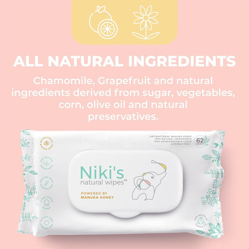 248 (4 Pack 62 Count Niki's Natural Baby Wipes | Sensitive Organic Baby Wipes | Made with Manuka Honey and Coconut Oil