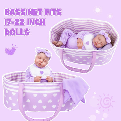 7 17-22 Inch Aori Pcs Reborn Baby Dolls Clothes with Bassinet for Baby Doll, Purple Carrier Bed and Baby Doll Clothes