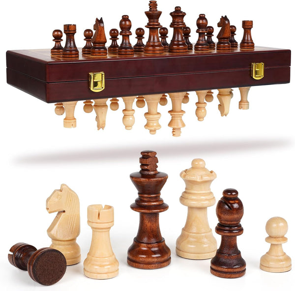 Wooden Magnetic Chess Set 15-Inch Foldable Wooden Chess Board with Magnetic Pieces,
