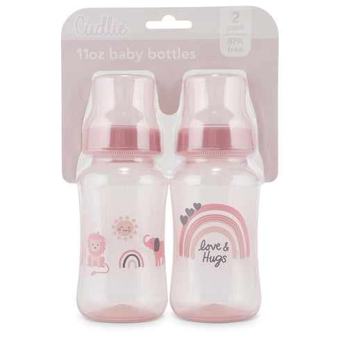 2-Pack 11 Premium Baby Bottles - Ounce, Hourglass Shape, Fun Boys and Girls Prints, Clear Cover - BPA-Free