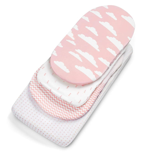BaeBae Goods Set 4 Pack 100% Premium Bassinet Fitted Sheet - Jersey Knit - Standard Size Oval or Halo Bassinet Pads