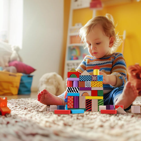 50 Set Offelec Pcs Wooden Building Blocks with Storage Bucket, Montessori Stacking Blocks & Shape Sorting Toys
