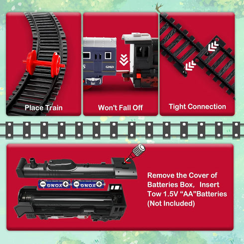 Set deAO Christmas Train Toys for Kids, Toy Train Track Locomotive Engine Battery Powered Railway Kits with Road Signs