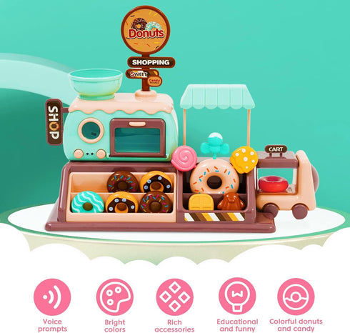 Jomifin 35Pcs Set Pretend Play Toy Donut Shop for Kids, Donut Maker Machine with Oven and Candy, Electronic Role Play