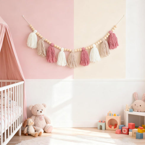 Charming Pink Bohemian Yarn Tassel Garland with Wooden Beads for Nursery and Baby Shower Decor