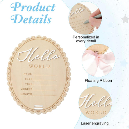 Matwsec Hello World Newborn Sign Baby Name Announcement Sign Bow Birth Announcement Signs with Pink Ribbon and Stands