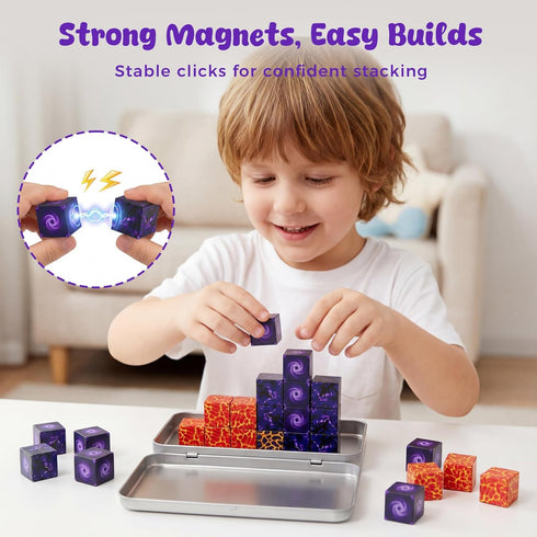 3 32PCS Set, otters Magnetic Building Blocks Portal Travel STEM Magnet Cubes Construction Toys with Metal Box for Kids