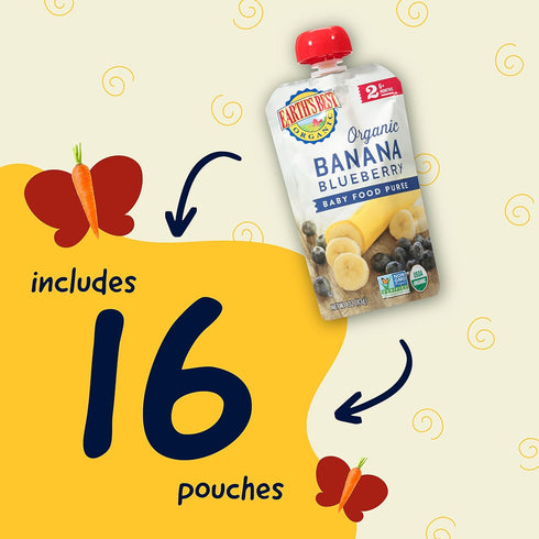 Earth's Best Organic Baby Food Pouches, Stage 2 Banana Blueberry Flax and Oat Puree, 4 oz, Pack of 16