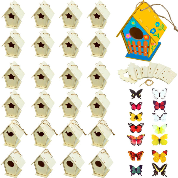 Outus 24 Pcs Wooden DIY Birdhouse Kits for Kids to Build, 4 Shapes