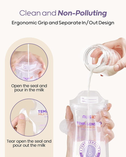 100pcs 6oz Nuliie Temp-Sensing Breastmilk Storage Bag, Huge Temp-Sensing Icon & Locking Clamp, Breast Milk Storage Bags