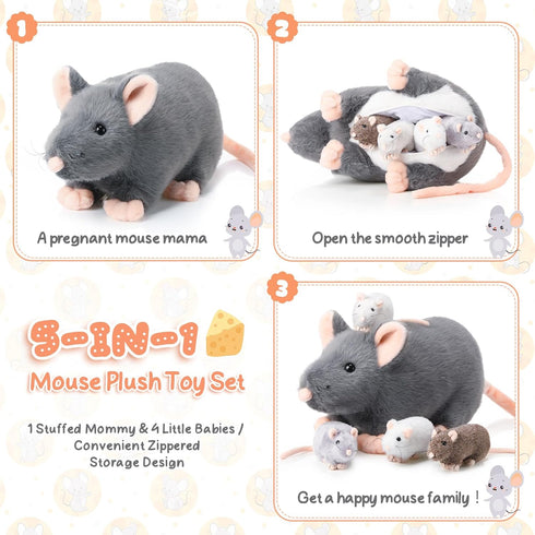 5 Pcs Mouse Stuffed Animals Set - 14'' Large Mommy Rat Plush with 4 Small Mouse Babies for Kids Birthday