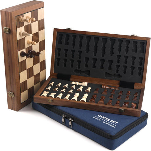Ajedrez Set, 15" 2 Magnetic Wooden Chess Walnut Folding Chess Board with Handcrafted Pieces Extra Queens, Portable