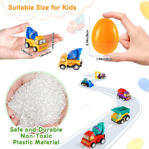 12 Prefilled Easter Eggs with Pull-Back Engineering Car Toys, Pcs Colorful Surprise Eggs with Construction Truck Gifts