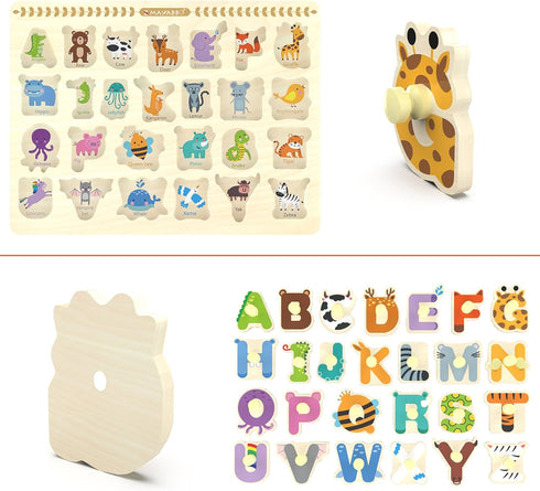 Wooden Peg Puzzle for Toddlers, Alphabet Learning Toys, Chunky ABC Shape Puzzles for Kids, Preschool Knob Puzzle