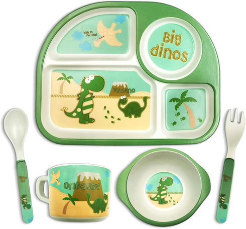 Toddler Plates and Bowls Set, Dinosaur Dinnerware Kids Feeding Set, Bamboo Plate Dishes with Utensils, Dishwasher Safe
