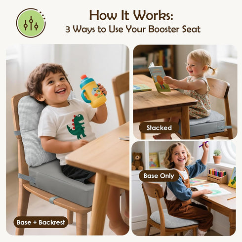 Booster Seat for Kitchen Chair Dining Table with Comfy Backrest Pillow and Adjustable Safety Buckles,Non-Slip Kid