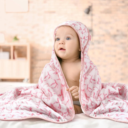 Hahafelt 2 100% 32x32inch Pcs Pink Bow Baby Hooded Towels for Newborn Muslin Cotton Baby Bath Towel with Hood