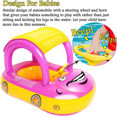 iGeeKid Inflatable Baby Pool Float with Canopy, Safe Seat for Infant Swim Float Rings (Pink)