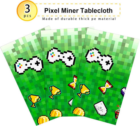 Pixel Miner Game Tablecloth for Party, 3 Pack Videogame-Themed Table Covers, 51 x 87 Inch for Kids Birthday