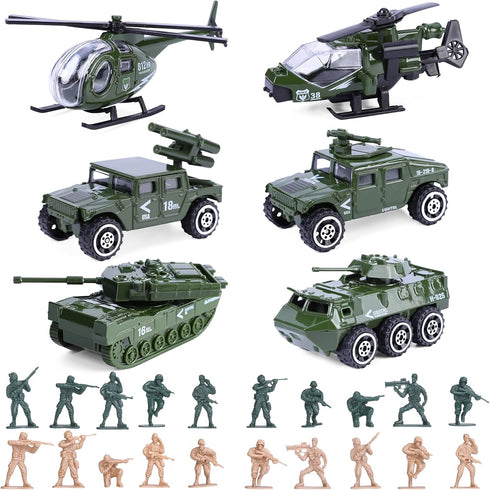 26 Pack Diecast Military Vehicles Set, 6 Pack Alloy Metal Models Car Toys and 20 Pack Soldier Army Men