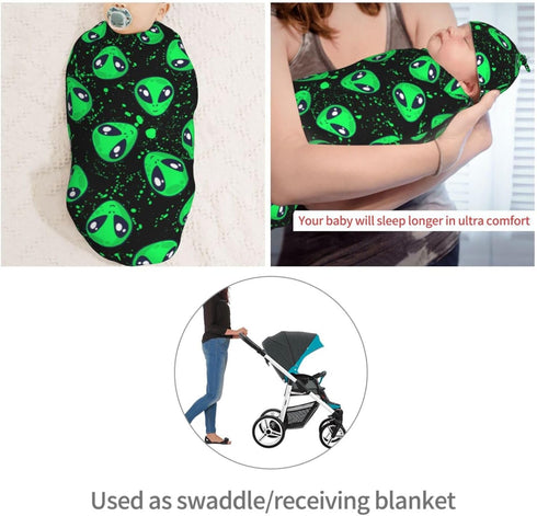 Green Alien Head Newborn Swaddle Blanket and Hat Set, Soft Baby Receiving Blanket for Infant Boy Girl Gift