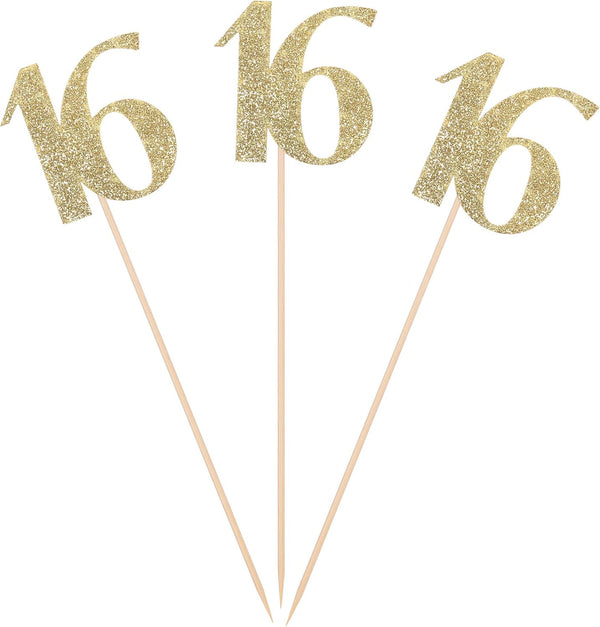 Pack of 10 Gold Glitter 16th Birthday Centerpiece Sticks, Number Age 16 Table Topper Anniversary Party Decorations