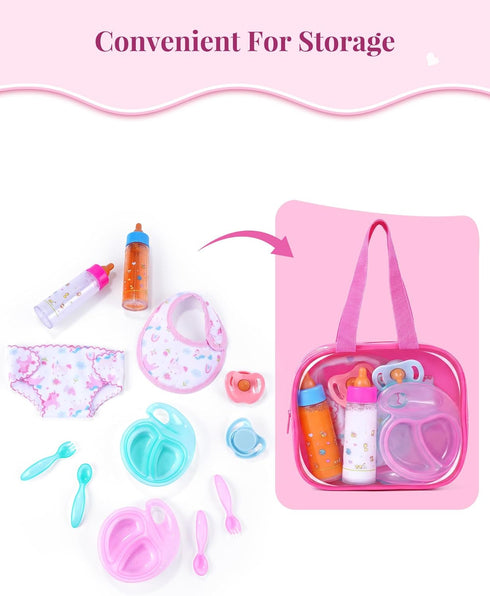 13 Set Set BABESIDE Pcs Baby Doll Accessories with Magic Bottles Diapers Pacifiers and Storage Bag, Baby Doll Feeding