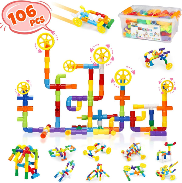 STEM Building Toy for Toddlers, Tube Pipe Educational Blocks Toy with Storage Box for Ages 3+