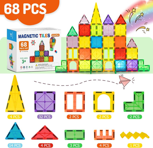 Magnetic Tiles Set, 68PCS 3D Clear Building Blocks, STEM Educational Toys Gift for Kids Boys and Girls Ages 3-9
